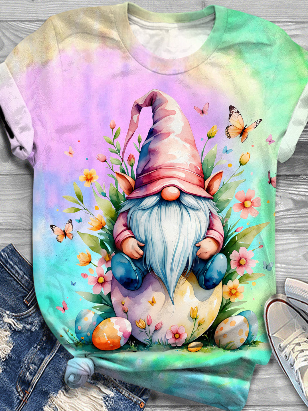 Easter Spring Gnome Tie Dye Crew Neck T-shirt