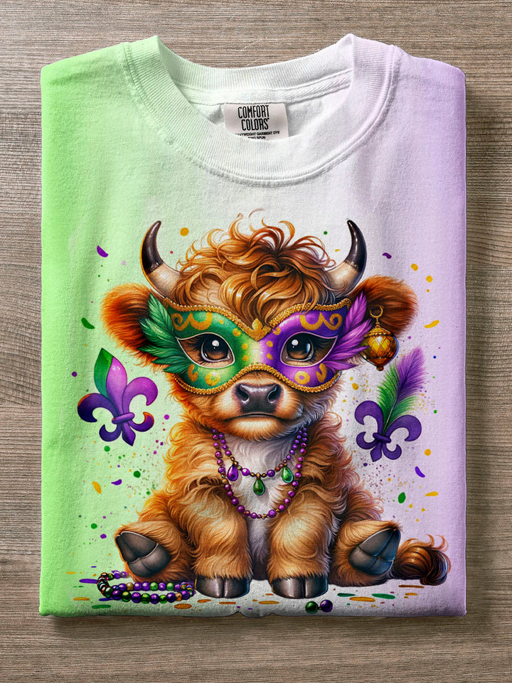 Mardi Gras Highland Cute Cow Crew Neck T-shirt