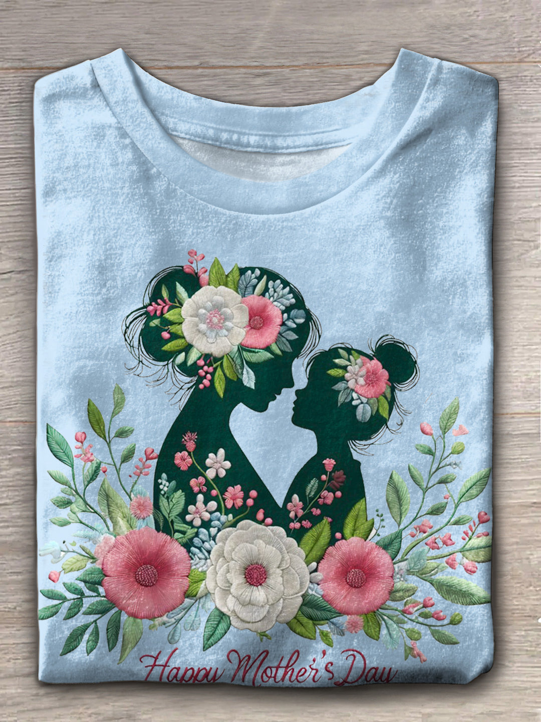 Mother'S Day Faux Embroidery Print Crew Neck T-shirt