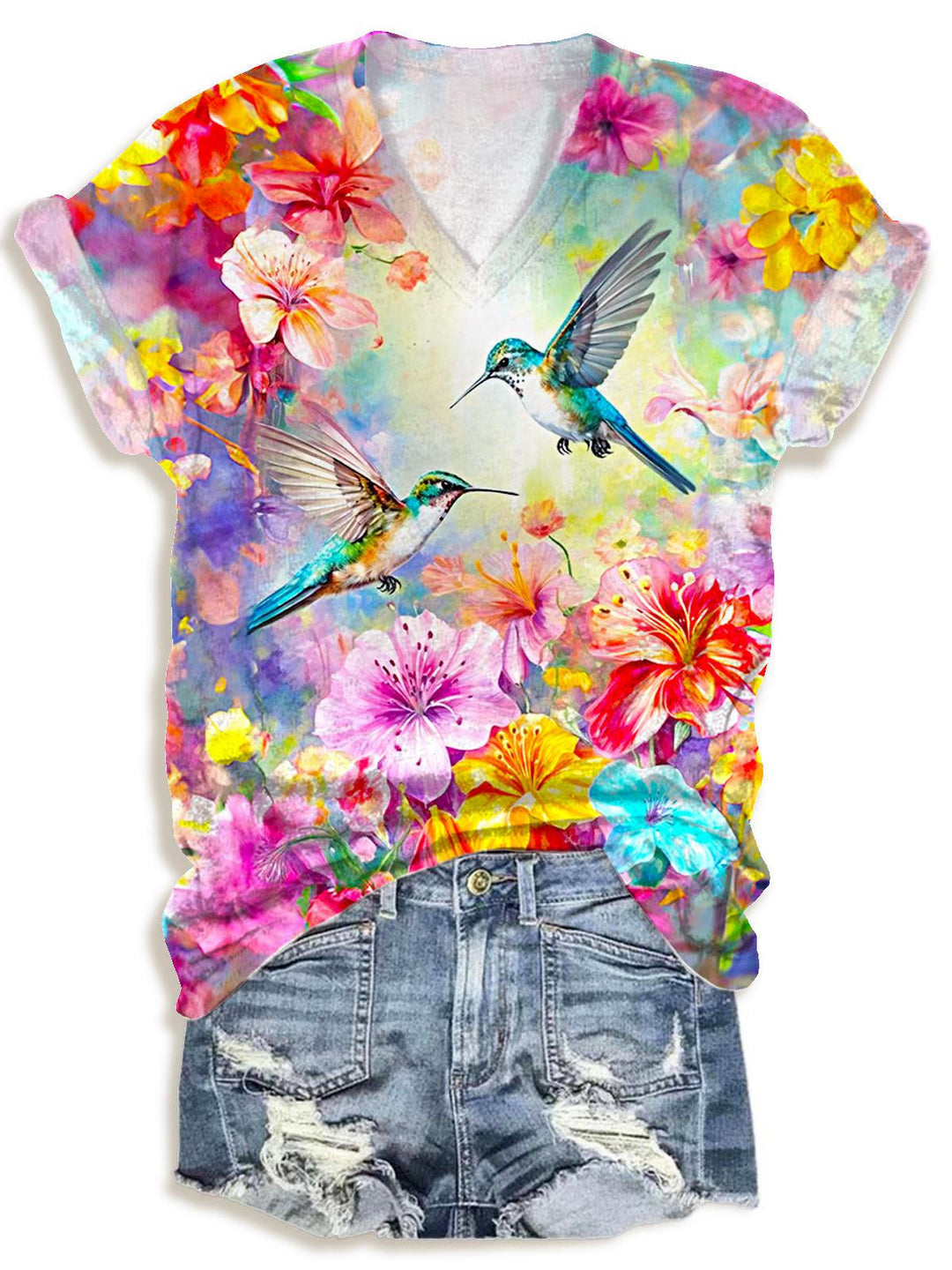 Spring Floral Hummingbird V-neck T-Shirt