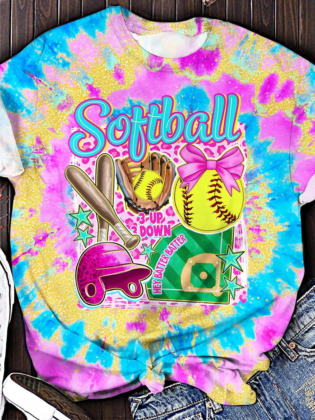 Colorful Ice Cream Softball Crew Neck T-shirt