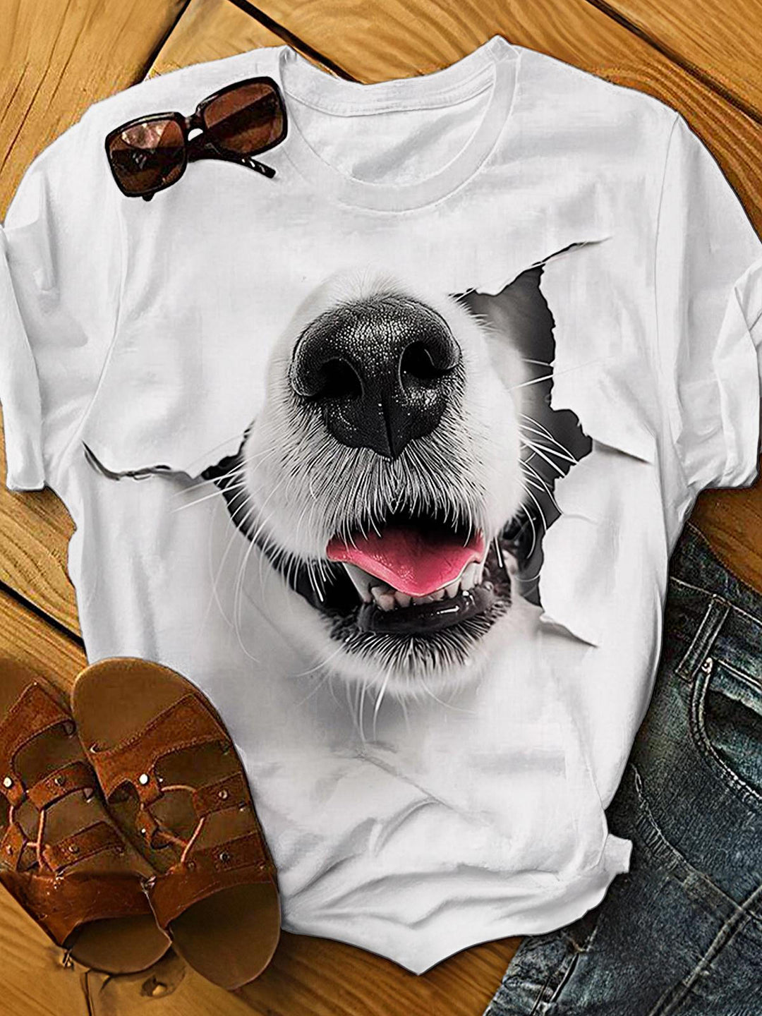 3D Dog Mouth Print Crew Neck T-shirt