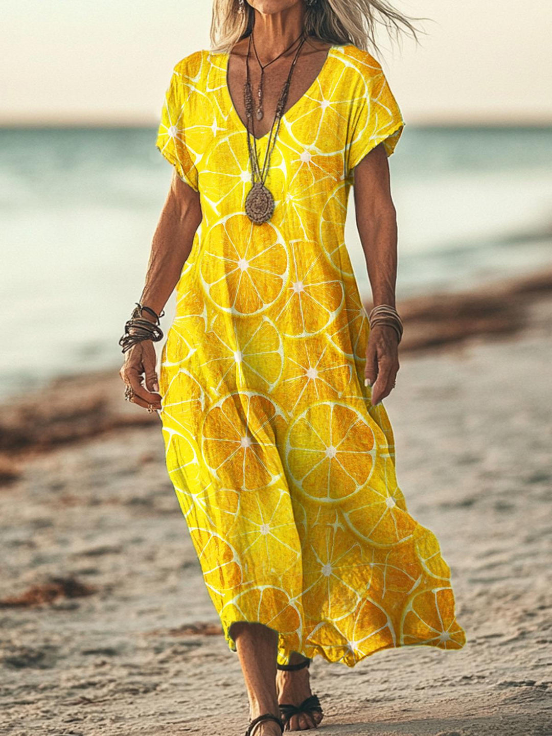 Orange Print V-neck short-sleeved long dress