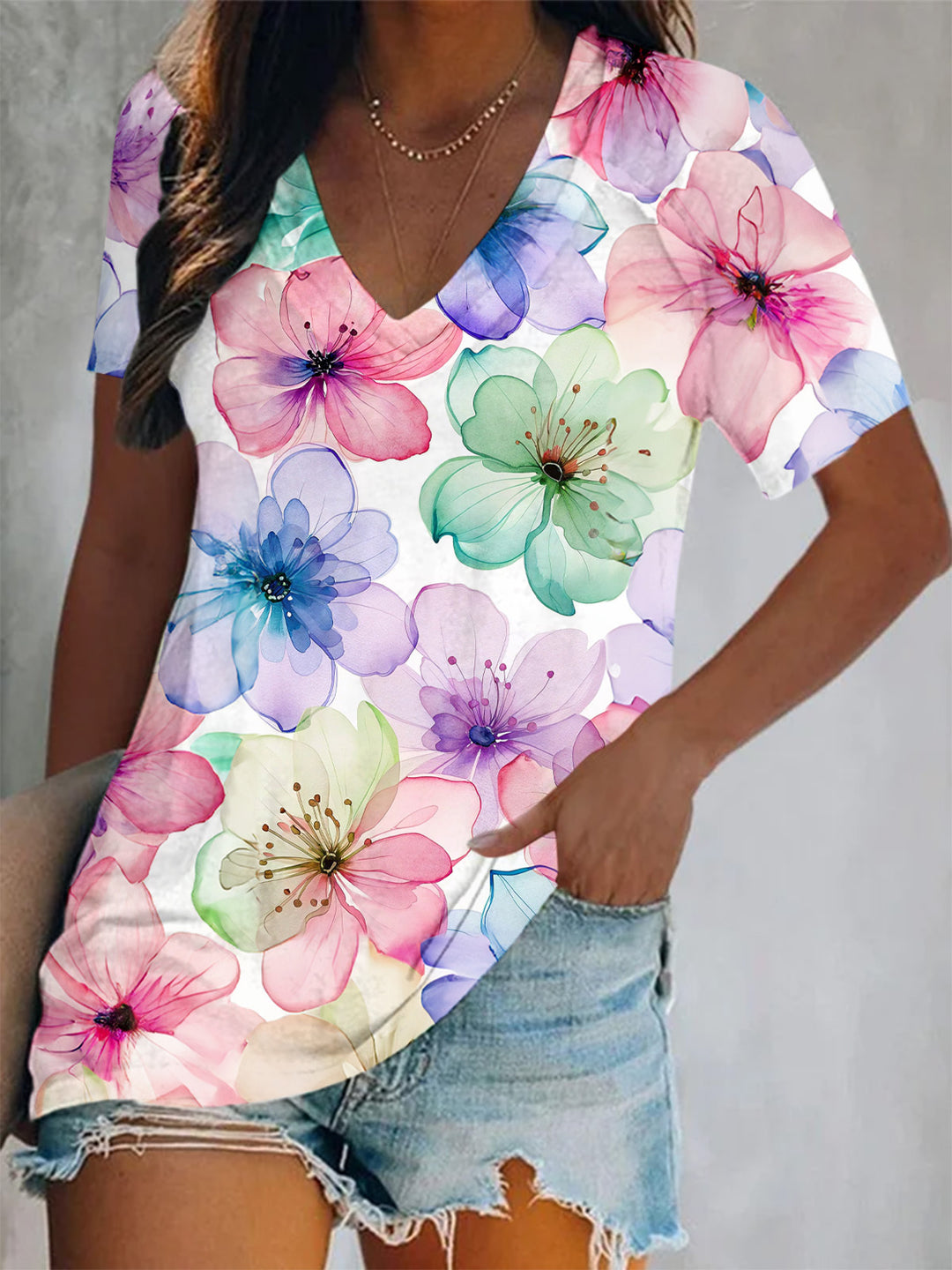 Spring Watercolor Flowers Short Sleeve V Neck Print Top