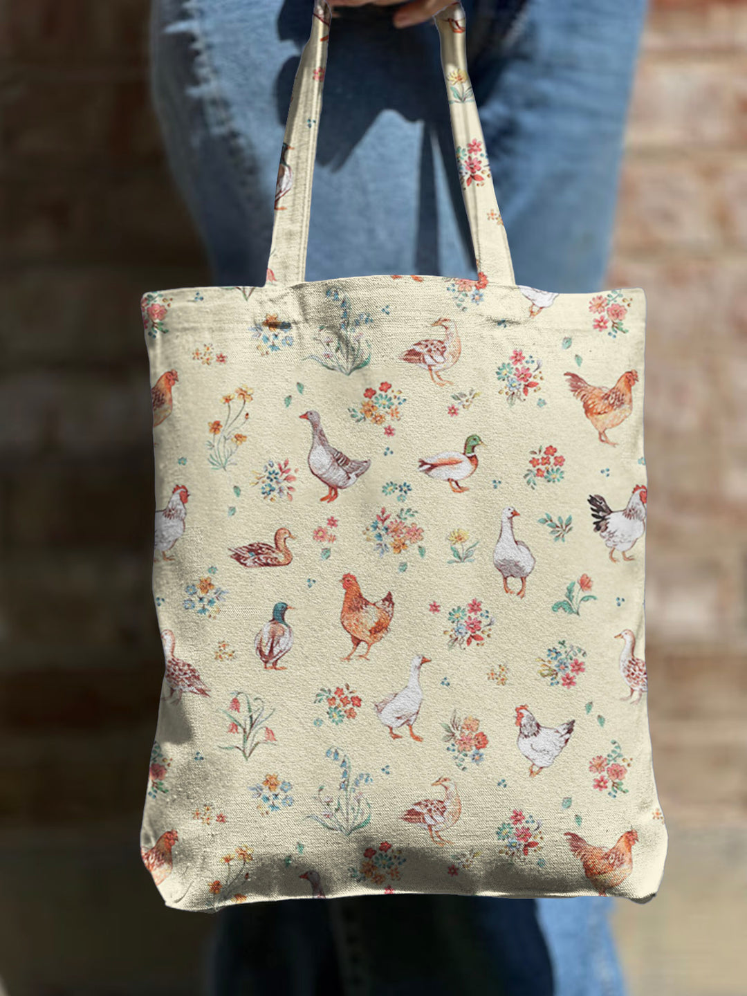 Funny Rooster And Duck Print Shoulder Zipper Canvas Bag