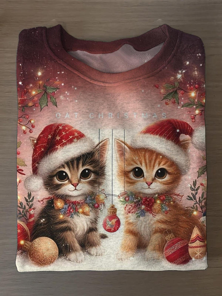 Cat Christmas Printed Long Sleeve Casual Top