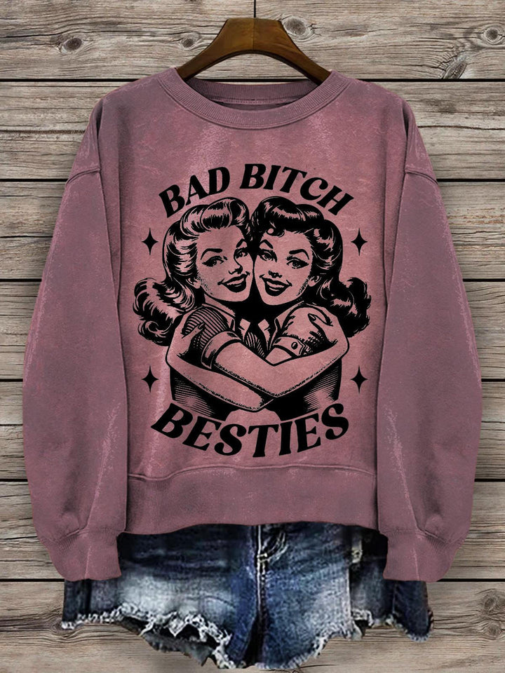 Bad Bitch Besties Girls Vintage Print Casual Long Sleeve Top