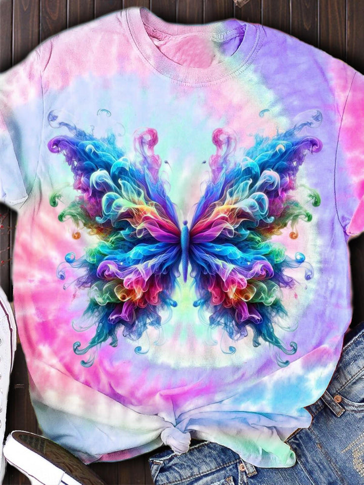 Tie Dye Butterfly Print Short Sleeve Top