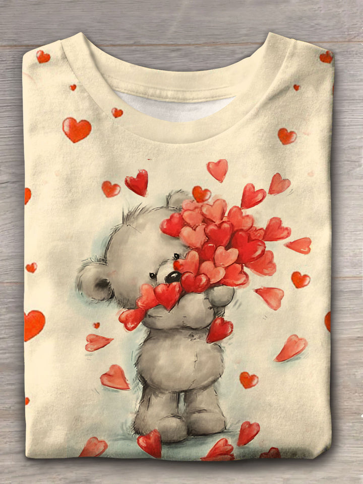 Women's Cute Love Bear Print Crew Neck T-shirt