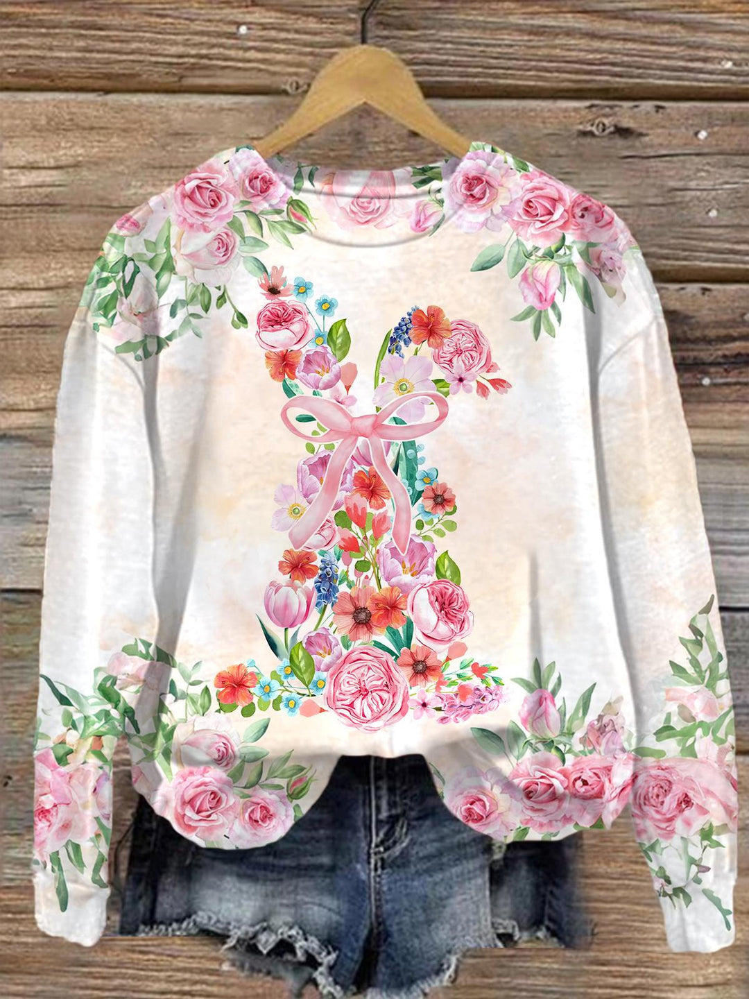 Watercolor Floral Easter Bunny Printed Long Sleeve Casual Top