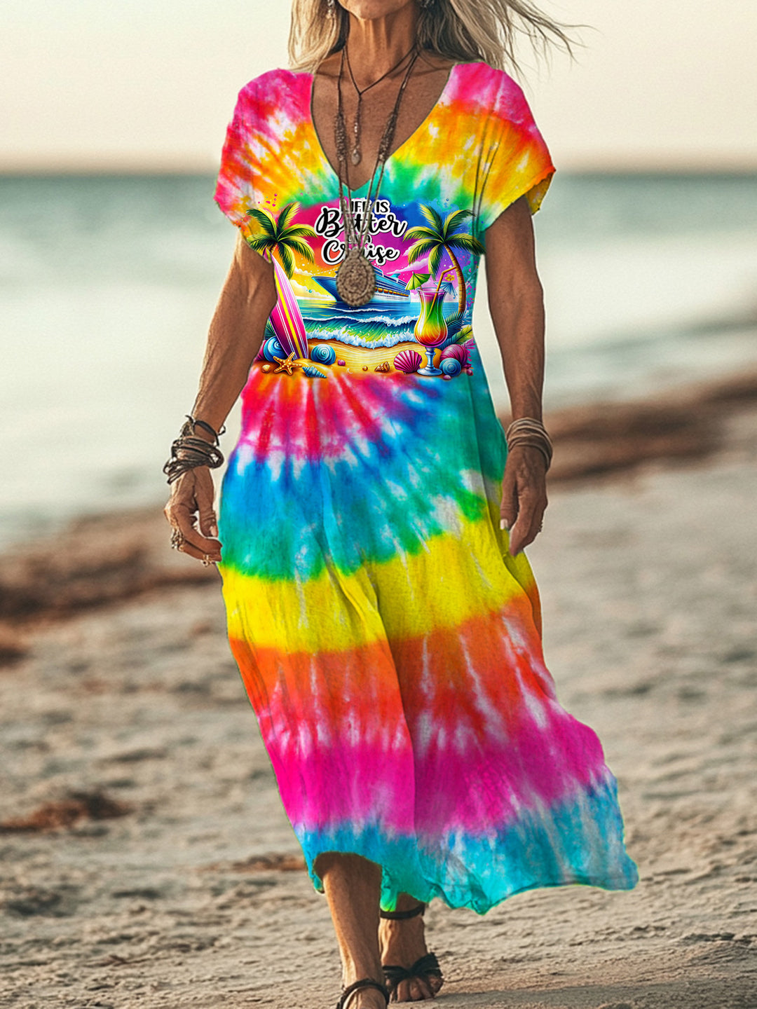 Life Is Better on A Cruise Tie Dye Vacation V-neck Short Sleeved Long Dress