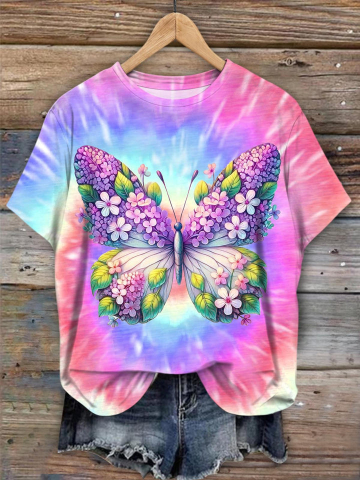 Colorful Butterfly And Flower Tie Dye Crew Neck T-shirt