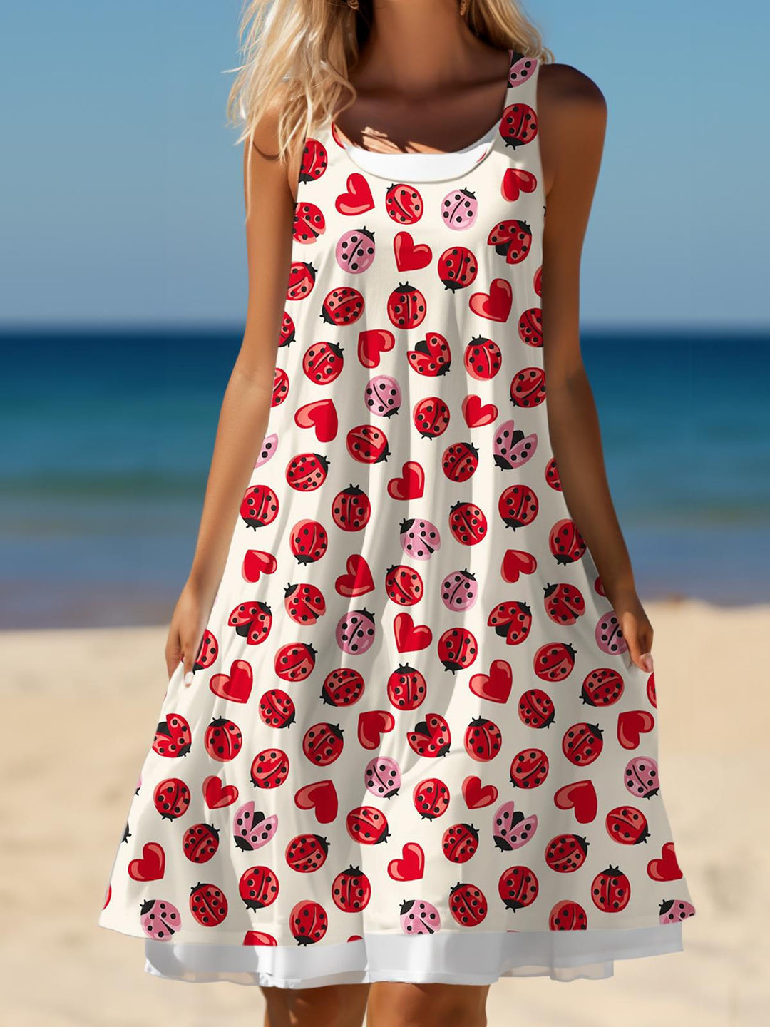 Strawberry Ladybug Print False Two Dress