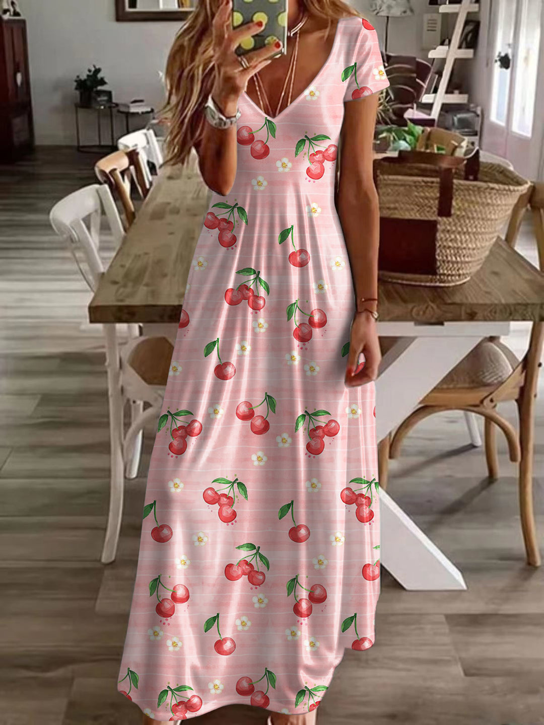 Summer Vacation Flower Cherry Print Casual Dress