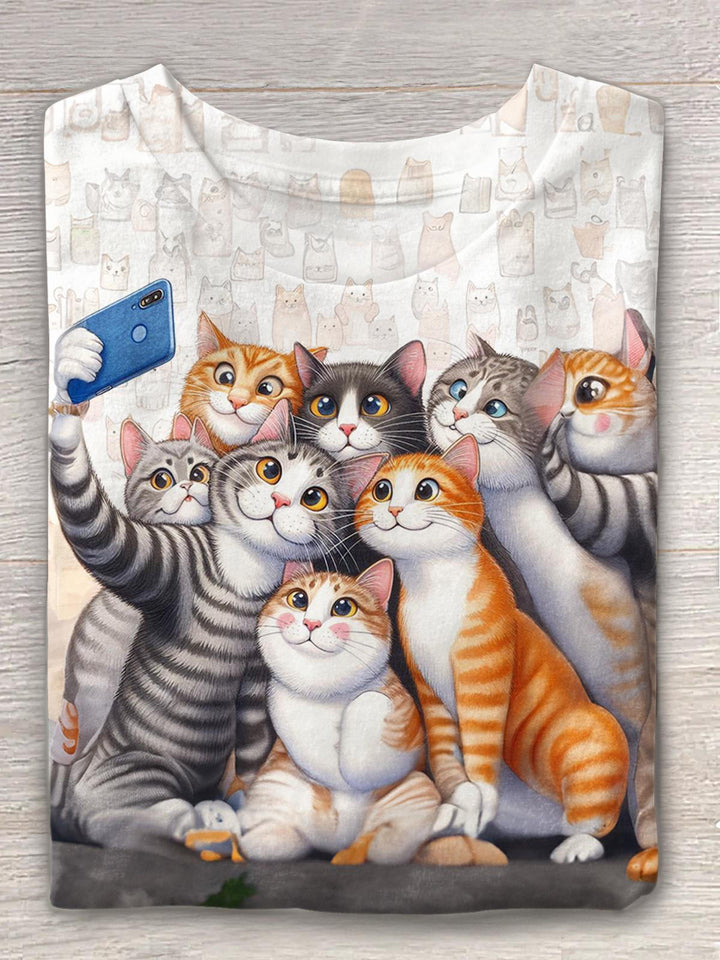 Retro Cute Selfie Kitten Print Crew Neck T-shirt