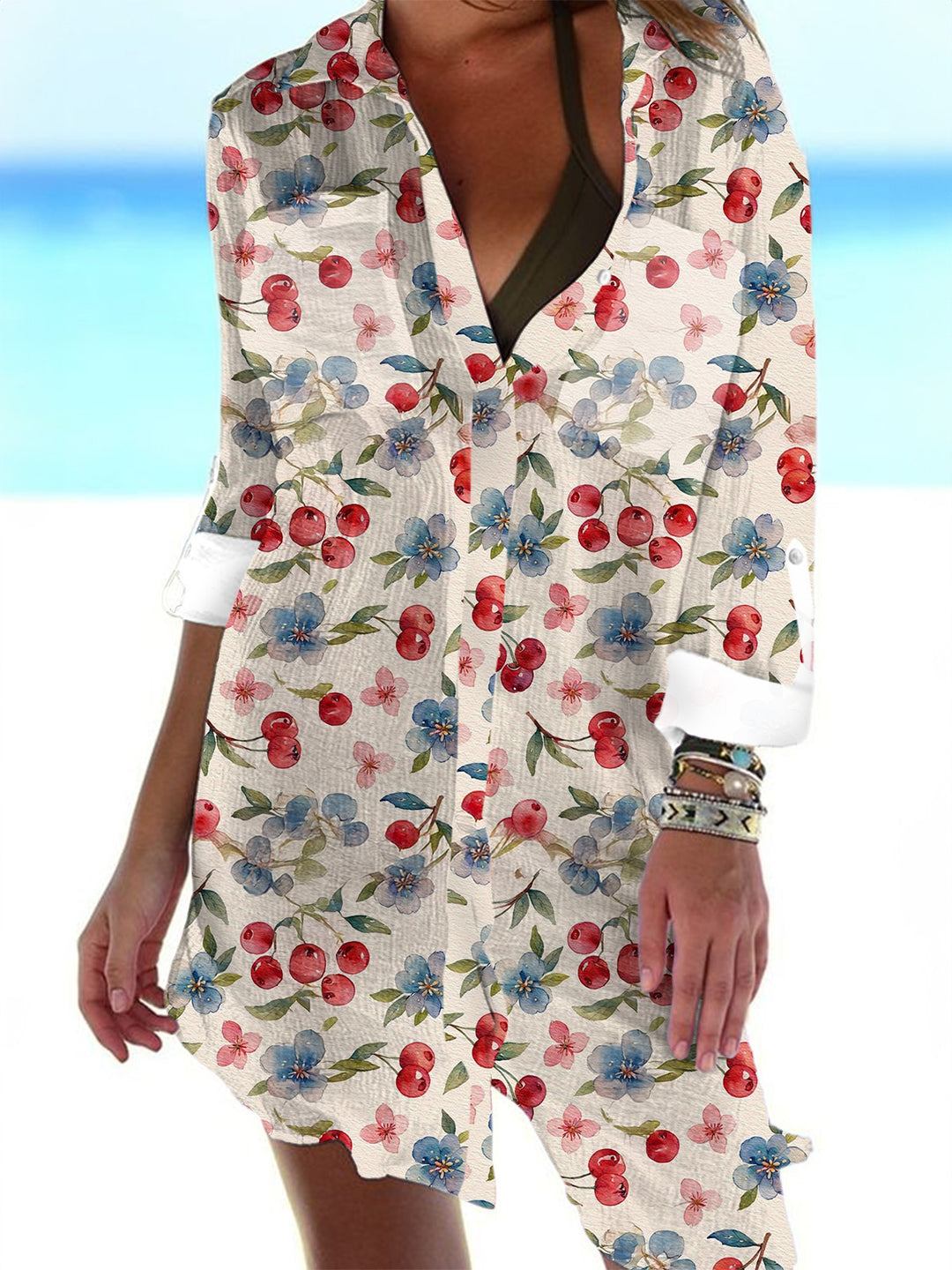 Women's Summer Cherry Print Casual Beach Vacation Shirt Dress