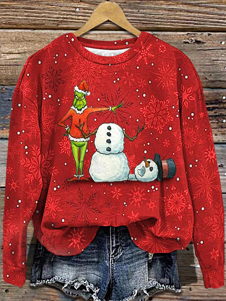 Women's Retro Funny Christmas Snowman Printed Long Sleeve Casual Top