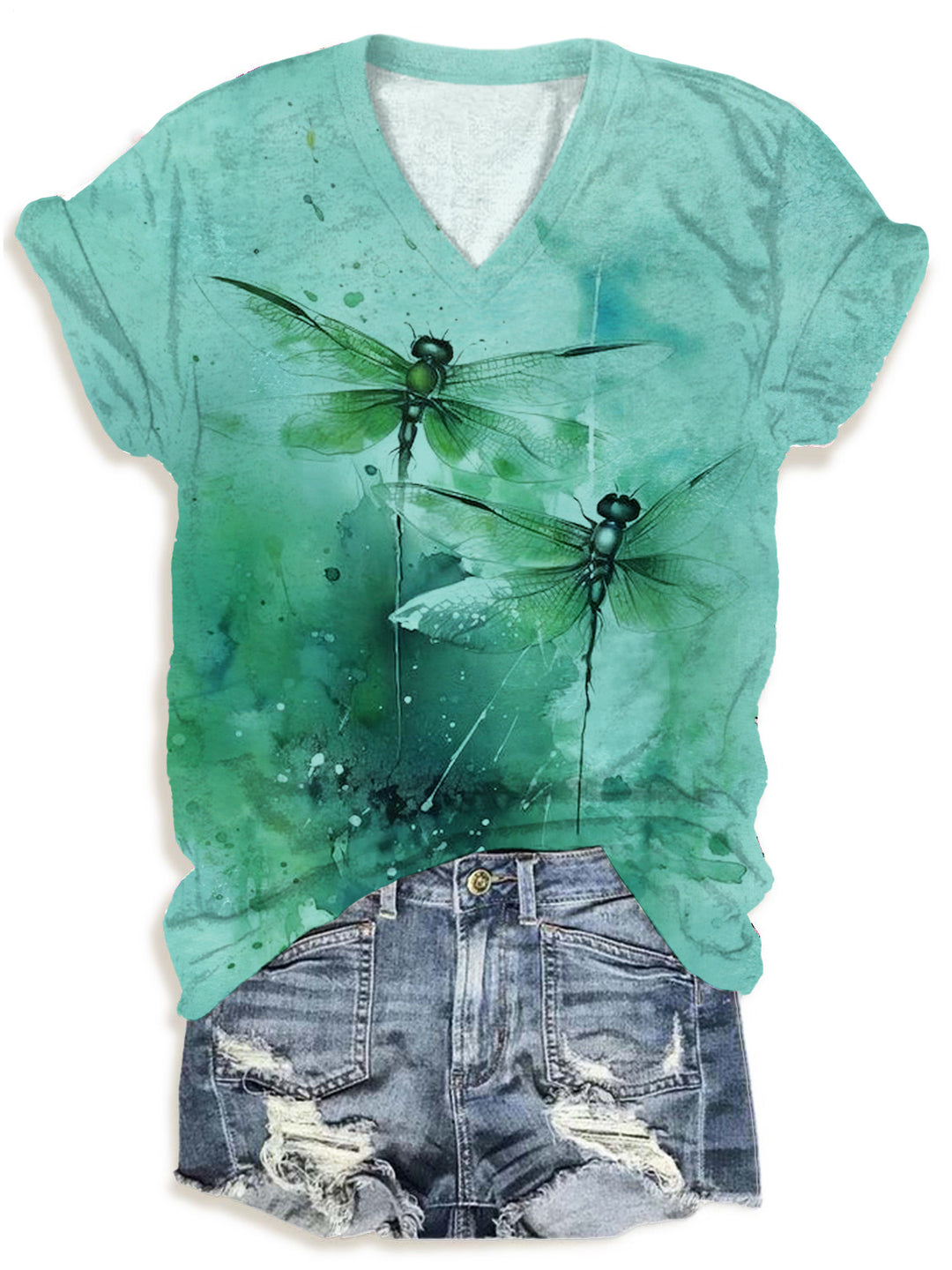 Dragonfly Spring Print V-neck T-Shirt