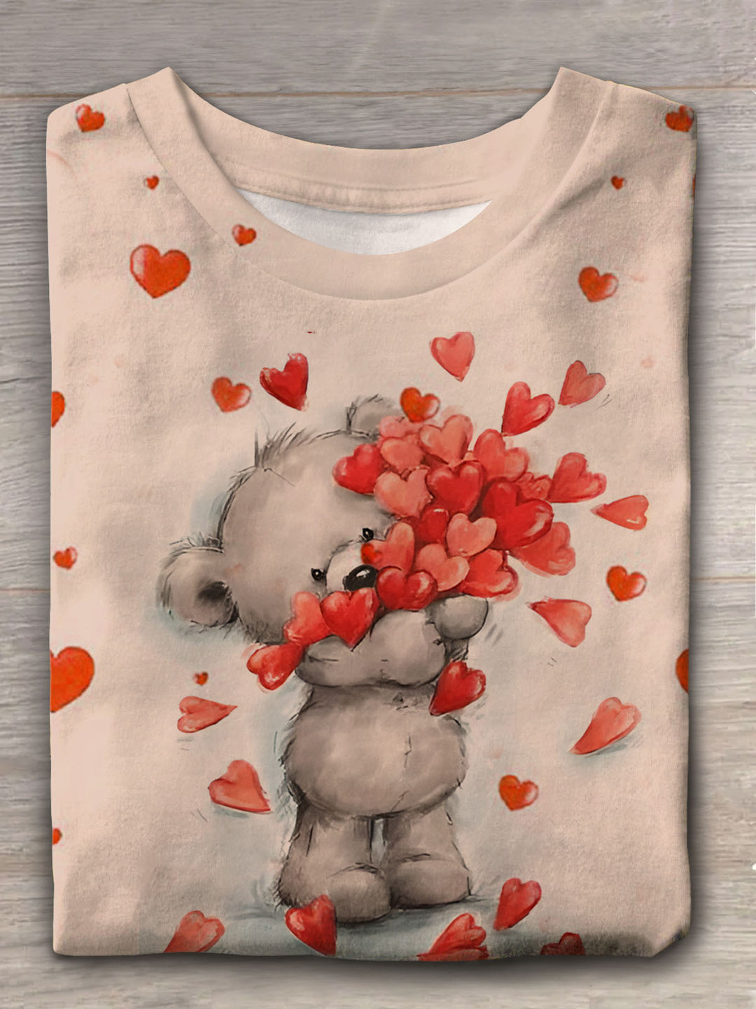 Women's Cute Love Bear Print Crew Neck T-shirt