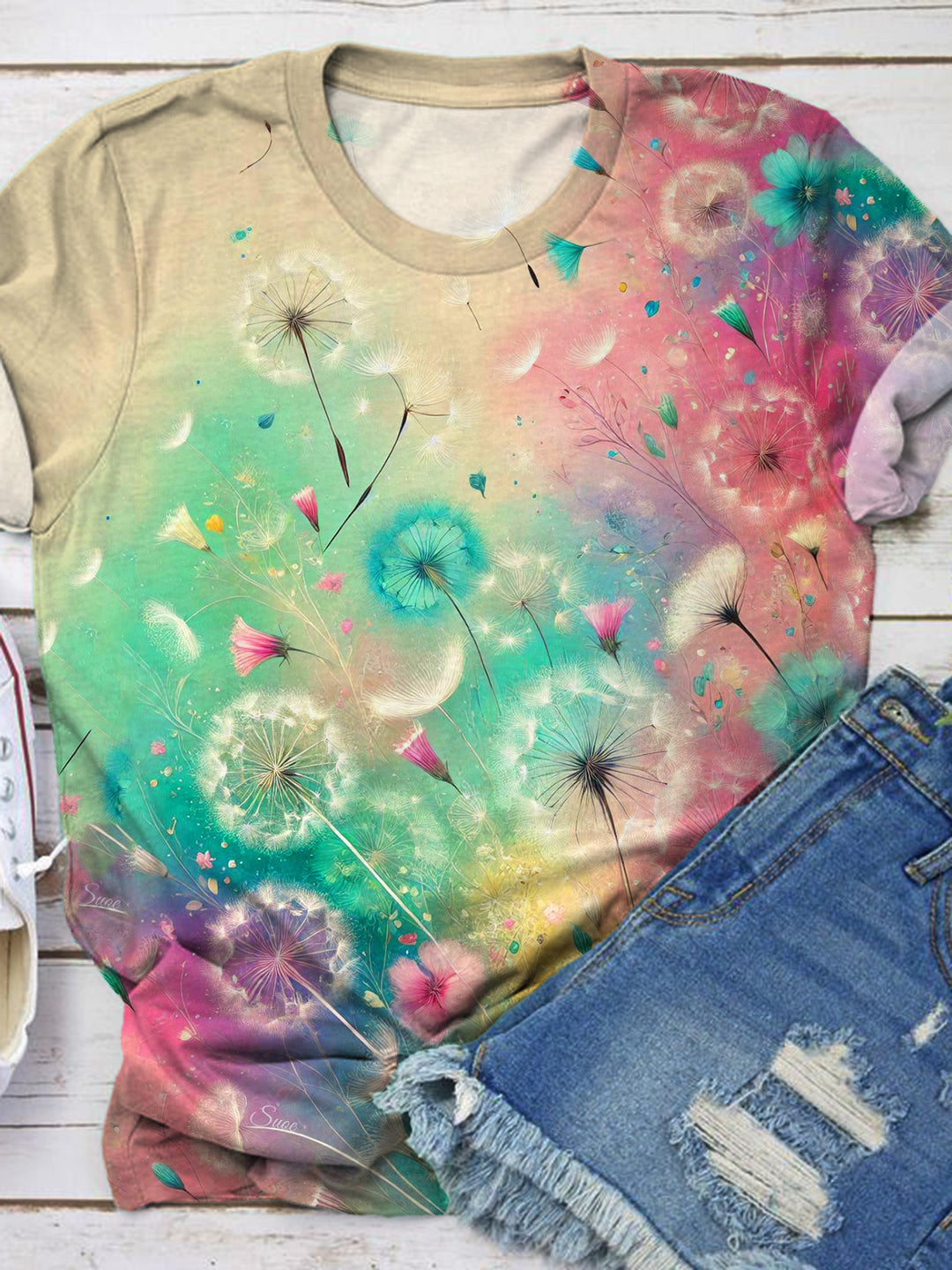 Summer Dandelion Flower Gradient Print T-shirt