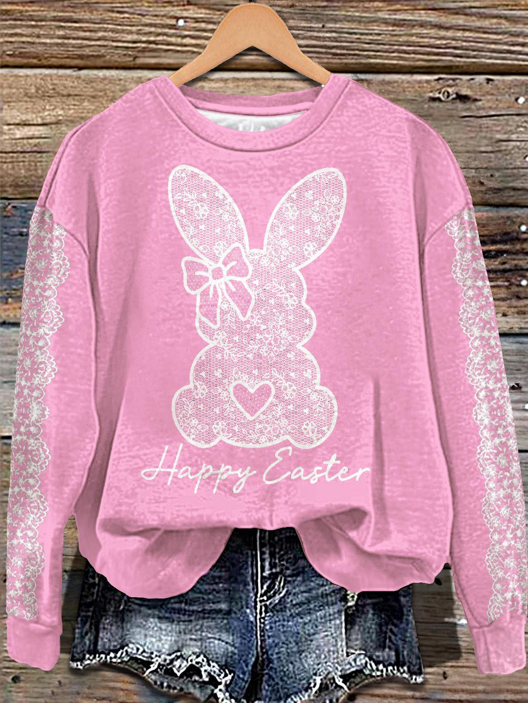 White Lace Bunny Easter Print Long Sleeve Casual Top