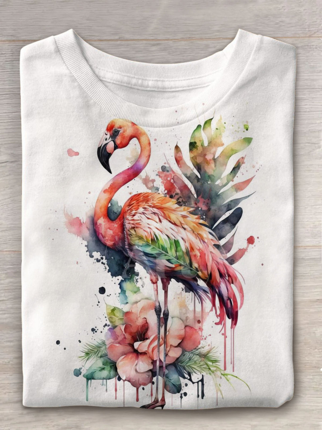 Flamingo Floral Print Crew Neck T-shirt