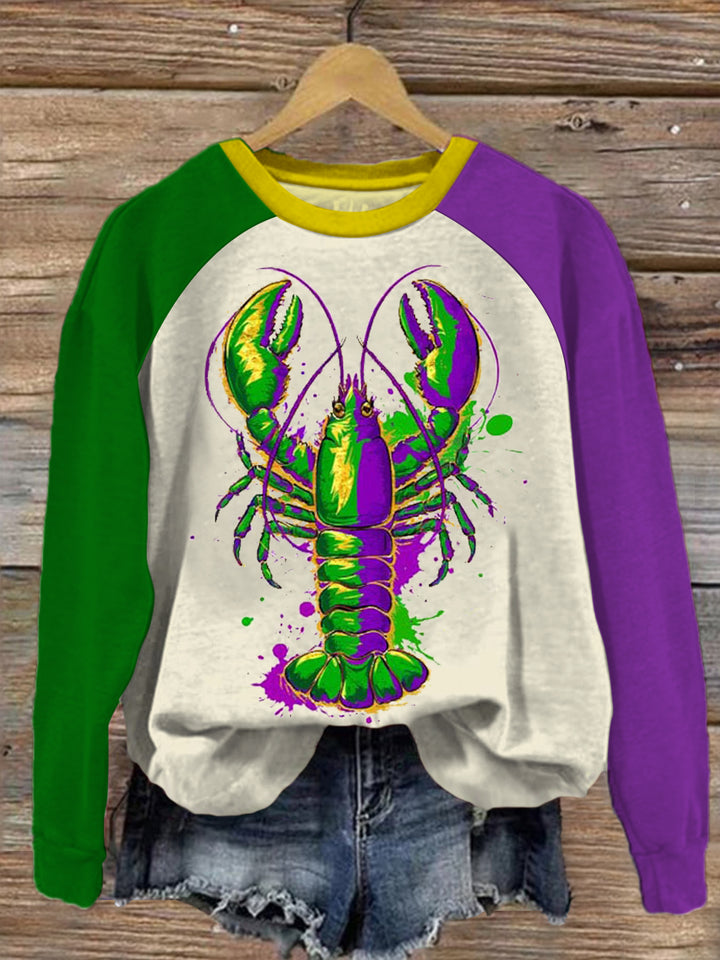 Mardi Gras Crawfish Season Print Long Sleeve Casual Top