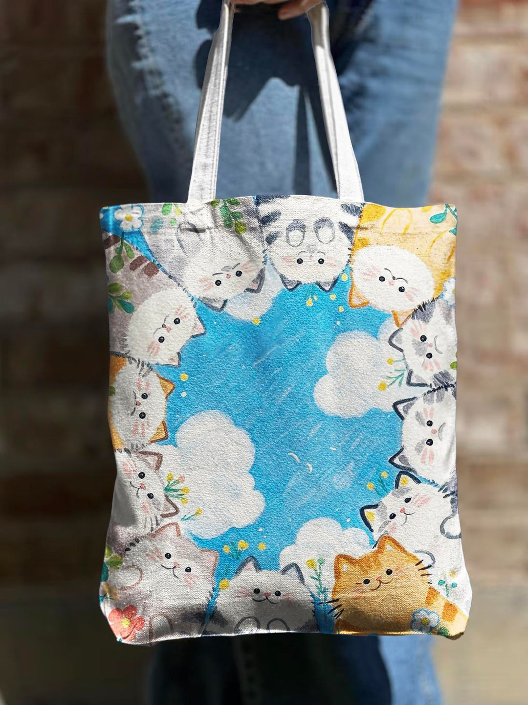 Summer Vacation Cute Cat Print Shoulder Zipper Canvas Bag