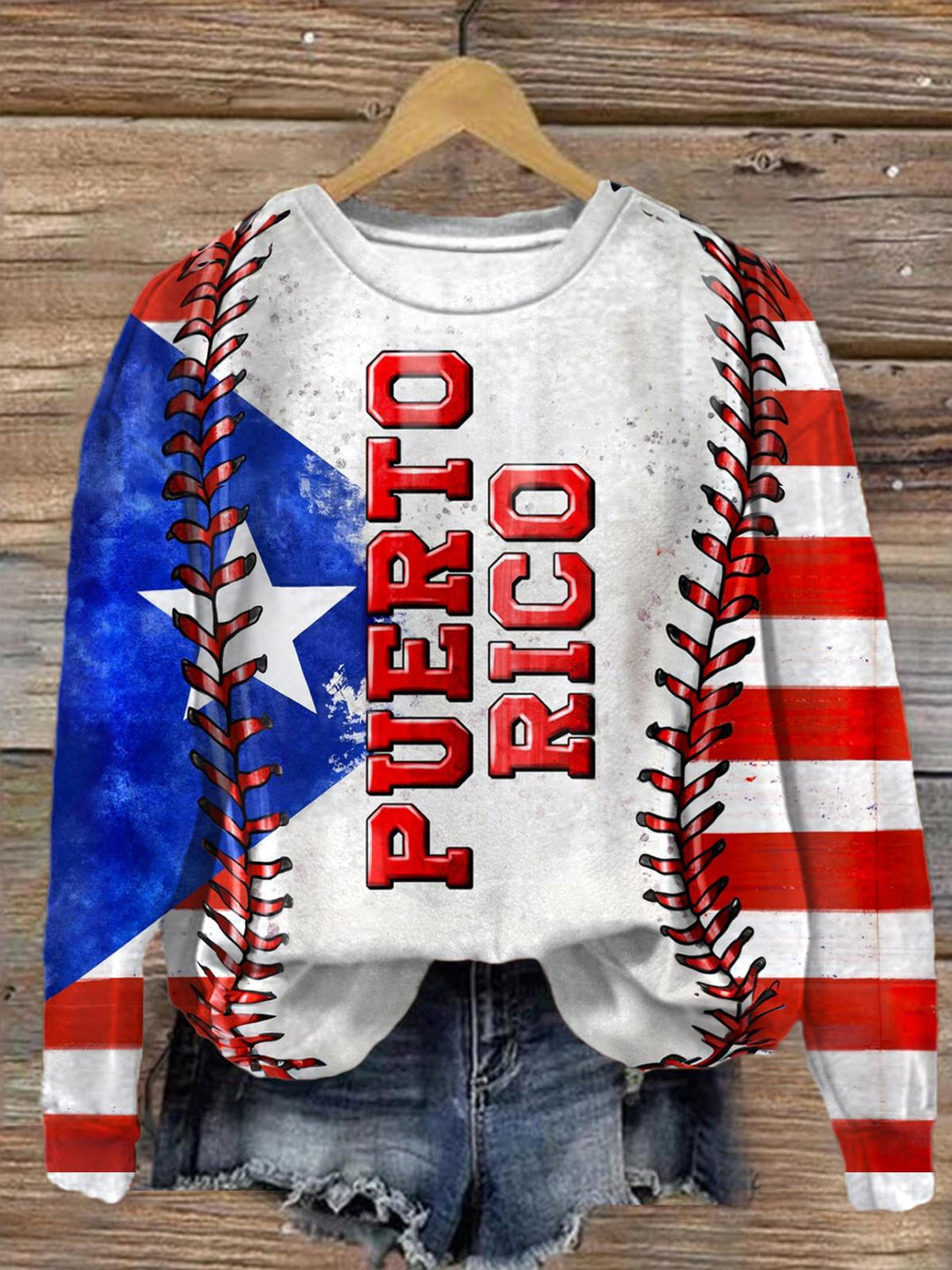 Baseball Puerto Rico Printed Long Sleeve Casual Top