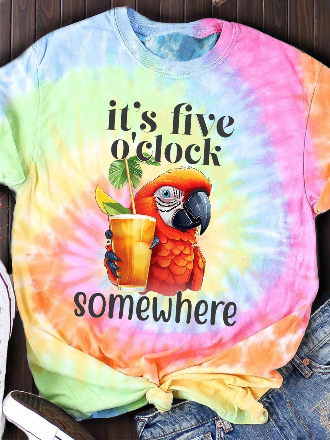 It's 5 O'Clock Somewhere Parrot Tie Dye Crew Neck T-shirt