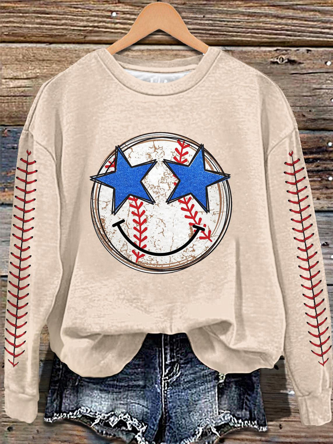 Baseball Smiley Face Glitter Stars Printed Long Sleeve Casual Top