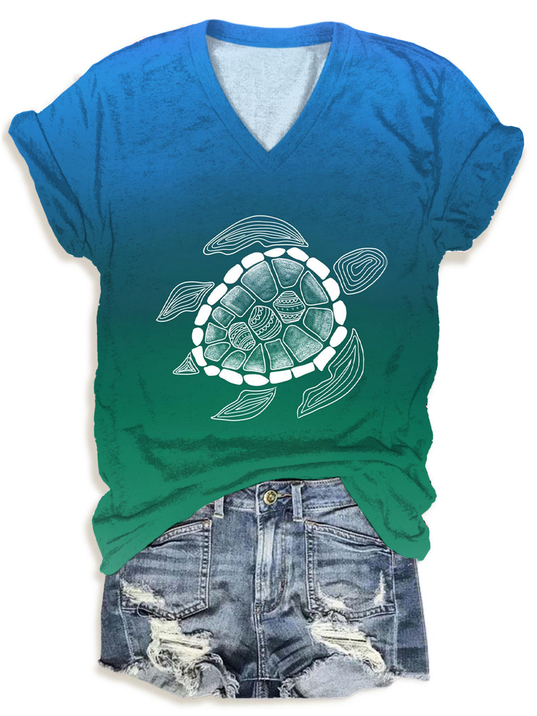 Turtle Gradient Print V-neck T-Shirt