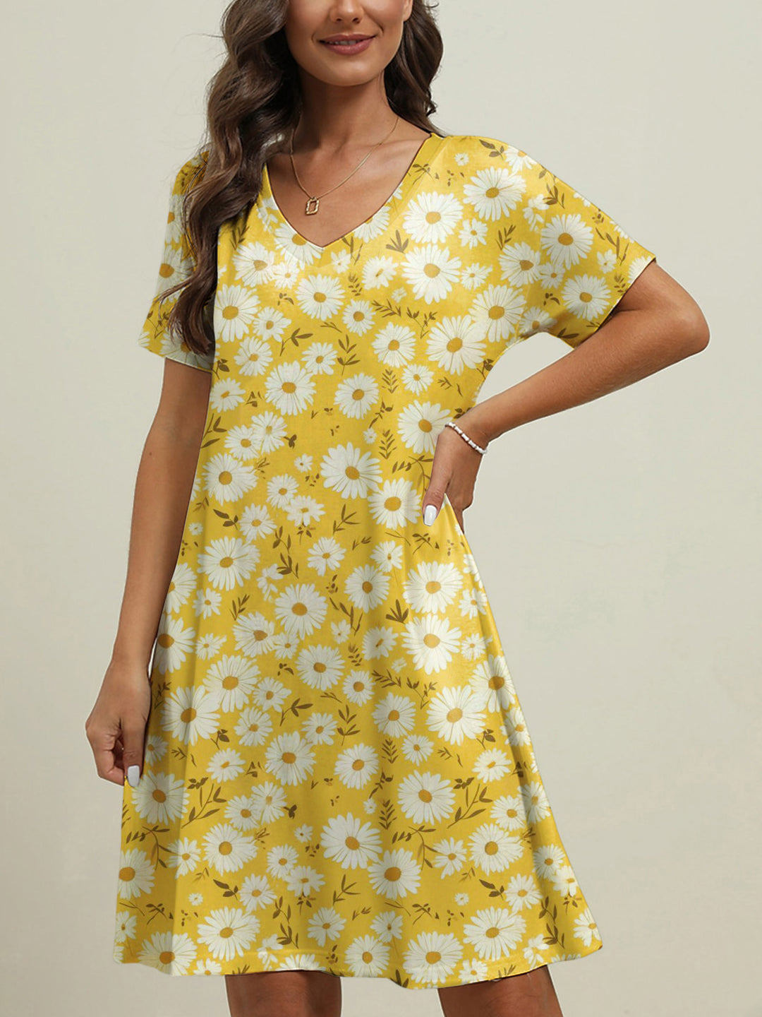 Women's Cute Daisy Flower Print Short Sleeve Loose Dress