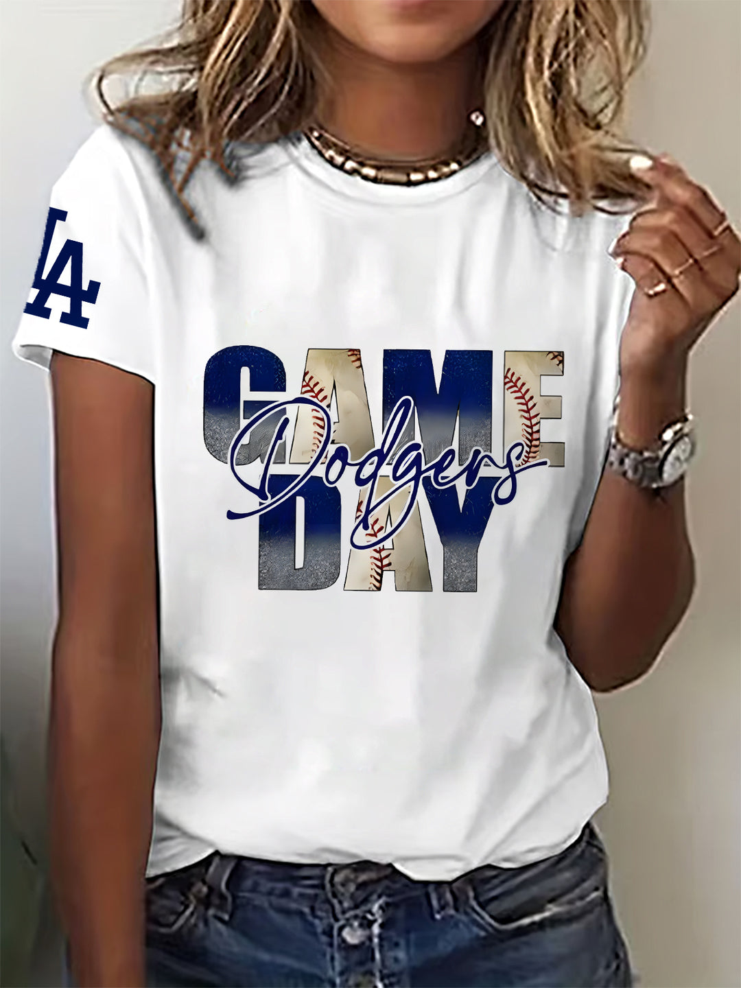 Vintage Dodgers Baseball Print Crew Neck T-shirt