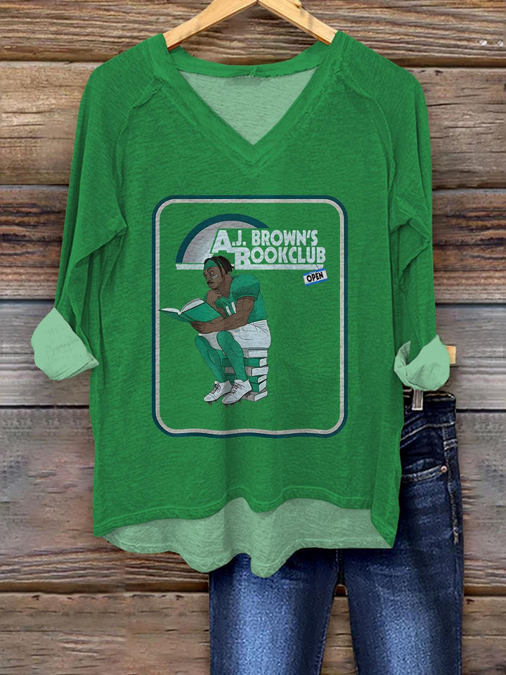 AJ's Book Club Football Print V-Neck Long Sleeve Top