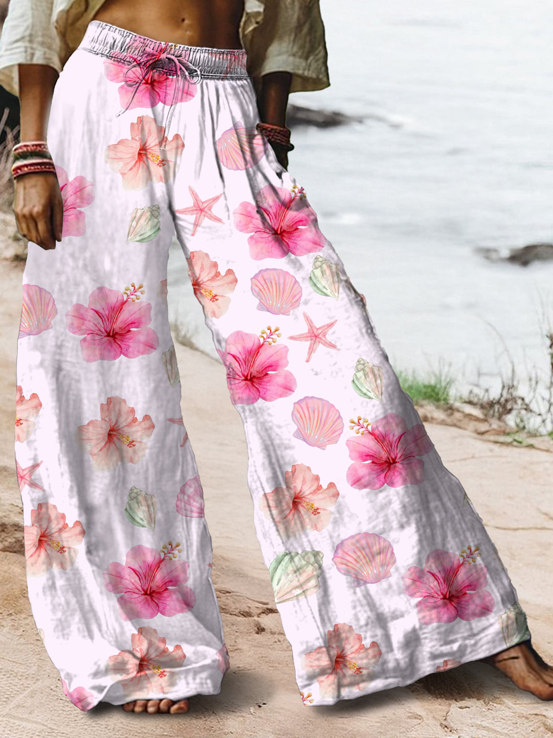 Tropical Floral Conch Holiday Print Casual Pants