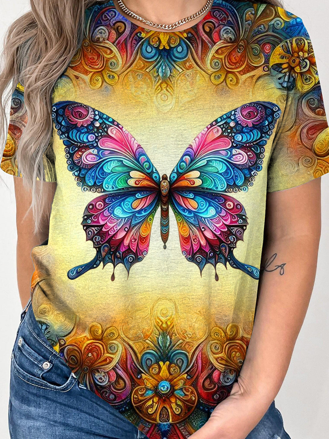 Retro Butterfly Flowers Crew Neck T-shirt