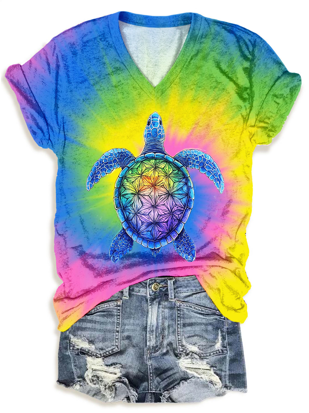 Colorful Turtle Tie Dye V-neck T-Shirt