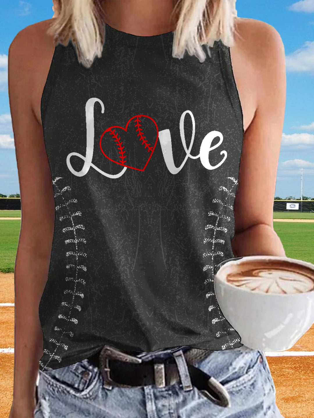 Vintage Love Baseball Print Casual Sleeveless Top