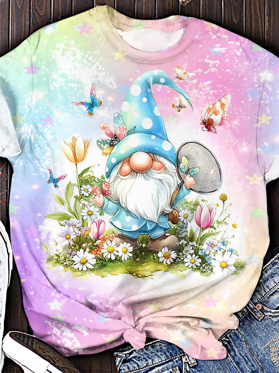 Spring Butterfly Gnome Crew Neck T-shirt