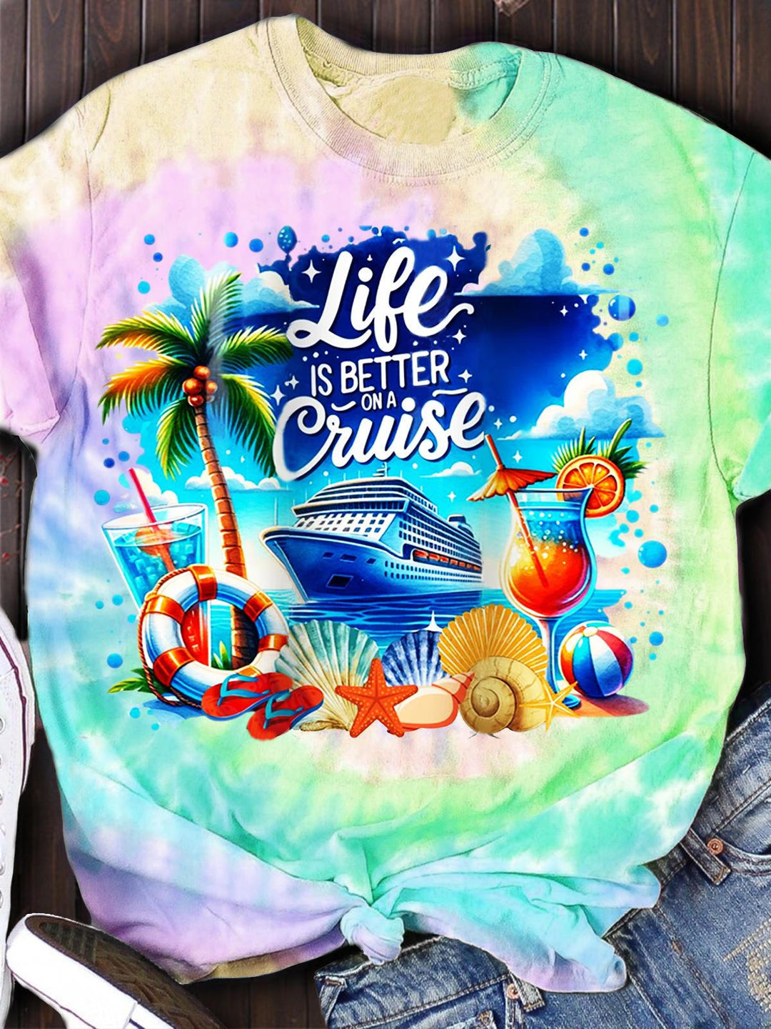 Life Is Better on A Cruise Tie Dye Print Crew Neck T-shirt