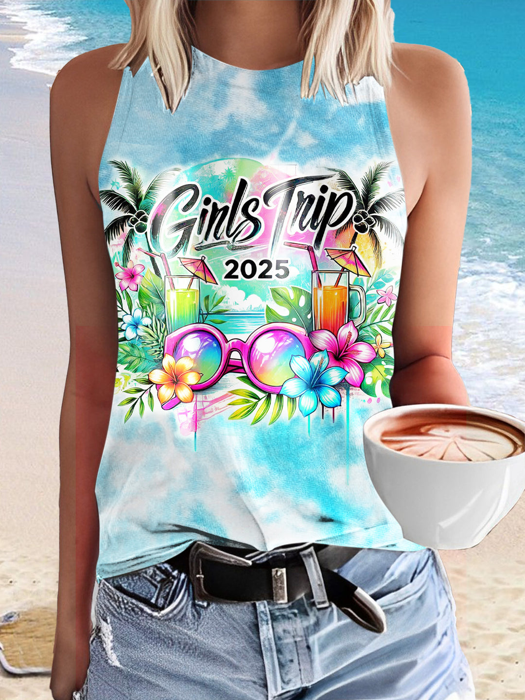 Girls Trip 2025 Summer Friends Vacation Print Casual Sleeveless Top