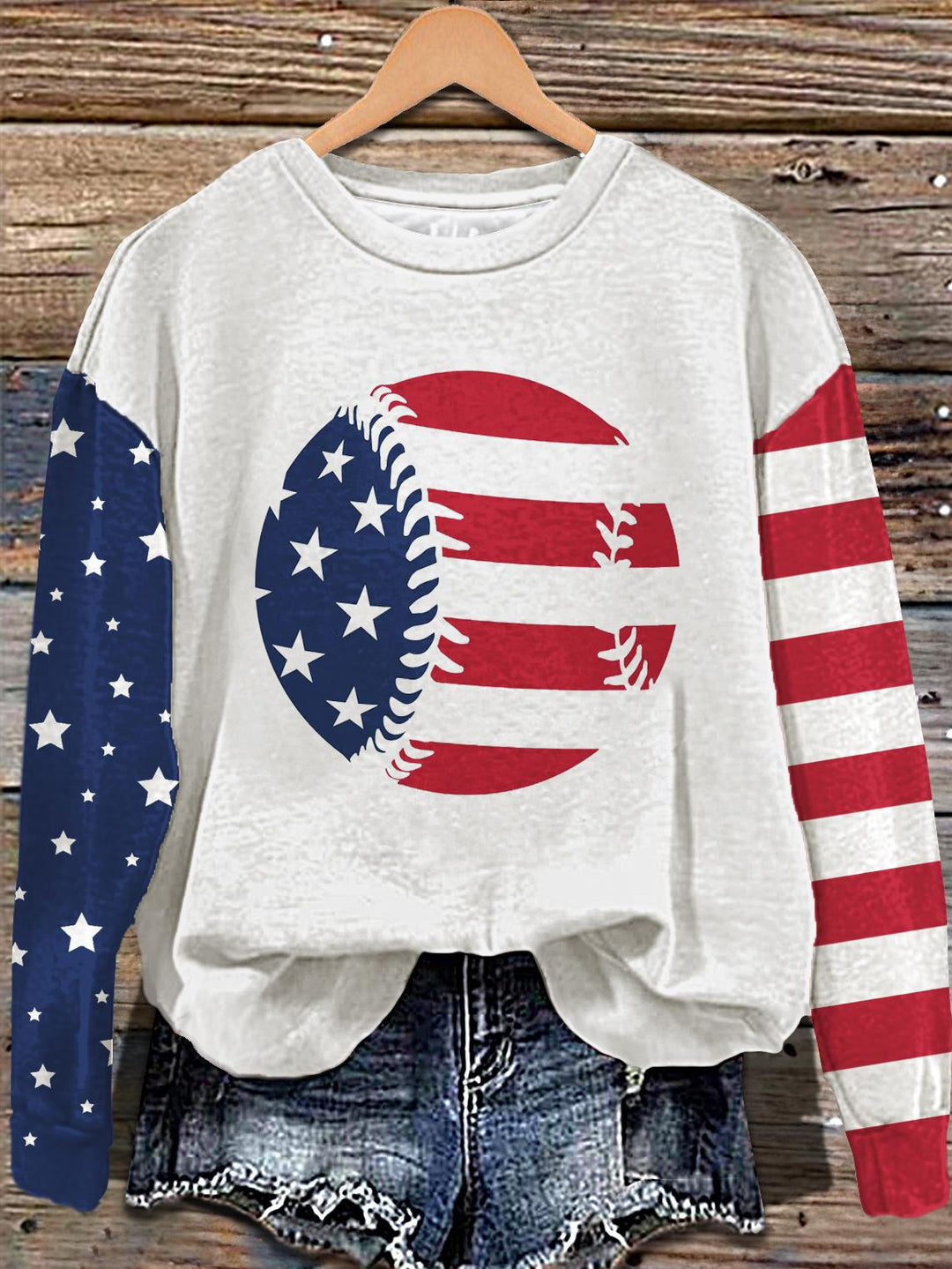 Star Stripe Baseball Printed Long Sleeve Casual Top