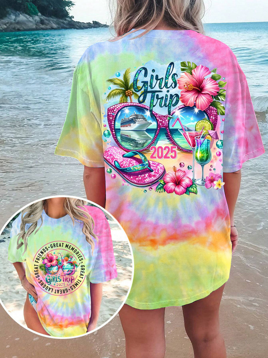 Girls Trip 2025 Tropical Cruise Trip Tie Dye Crew Neck T-shirt