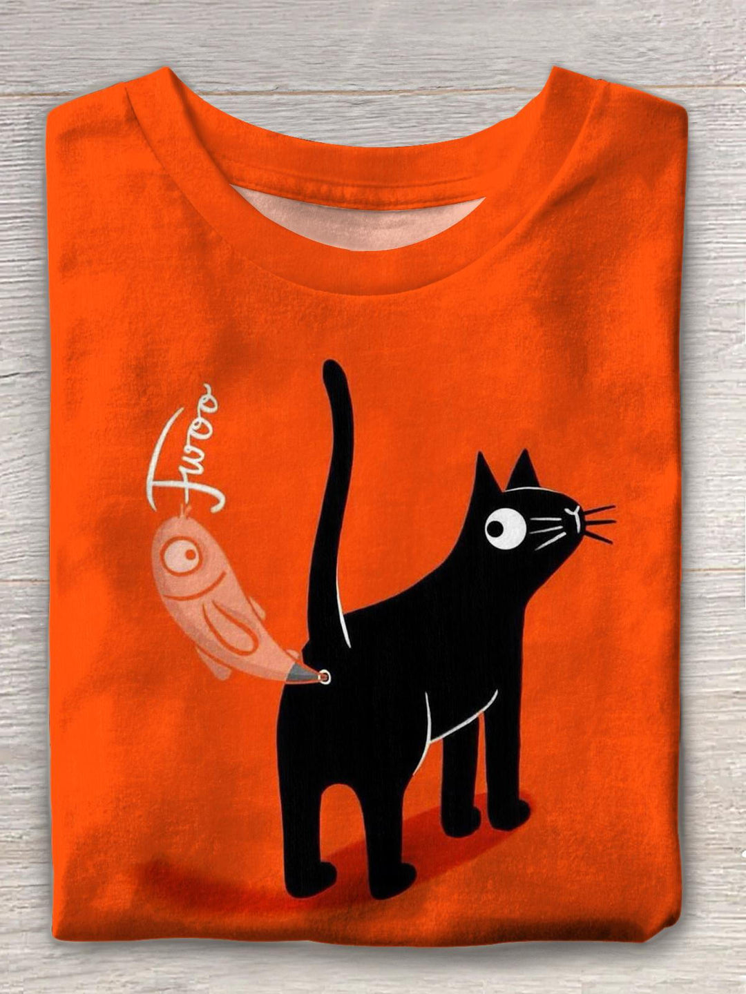 Cute Cat Fwoo Print Crew Neck T-shirt