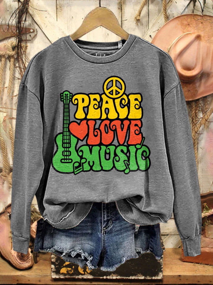 Peace Love Music Printed Long Sleeve Casual Top