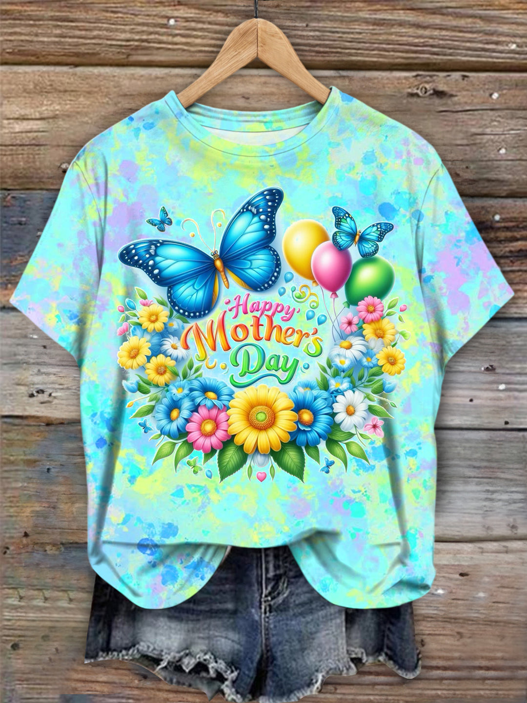 Happy Mother's Day Flowers Butterfly Crew Neck T-shirt