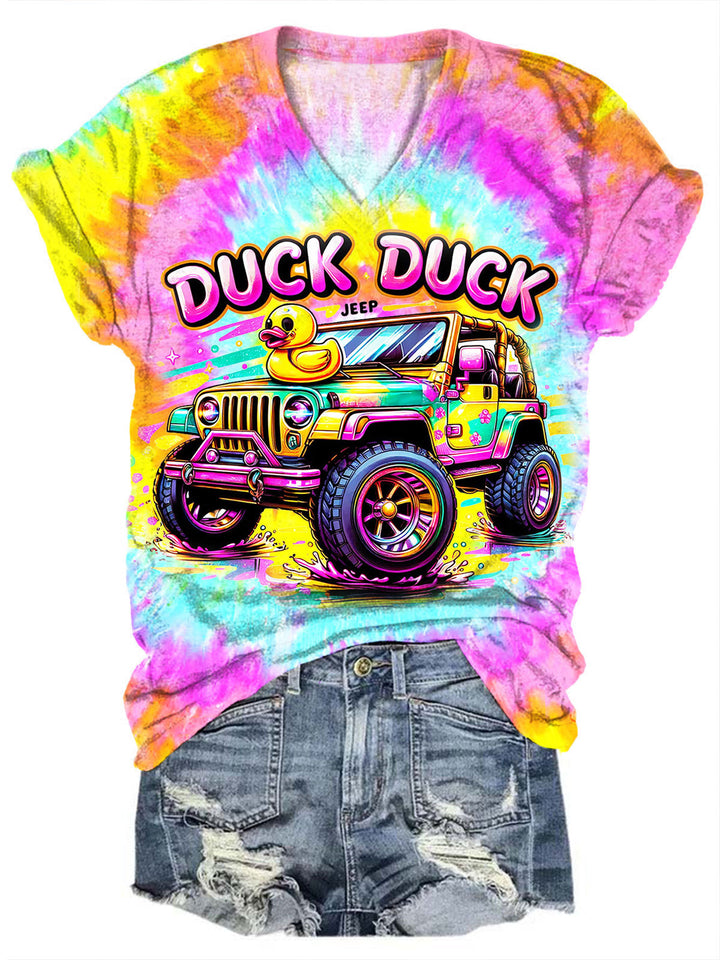 Tie Dye Duck Print V-Neck Short Sleeve T-Shirt