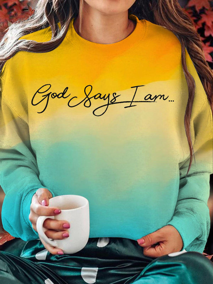 God Says I am Christian Printed Long Sleeve Casual Top