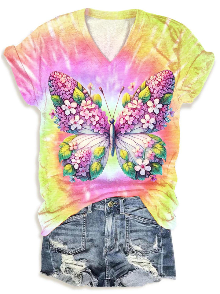 Spring Colorful Tie Dye Butterfly V-neck T-Shirt